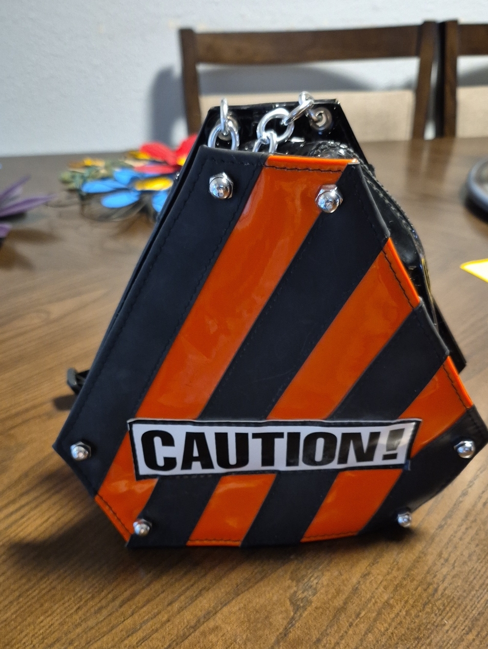 Caution! Striped Hexagon Crossbody Bag - Orange & Black, Hot Topic